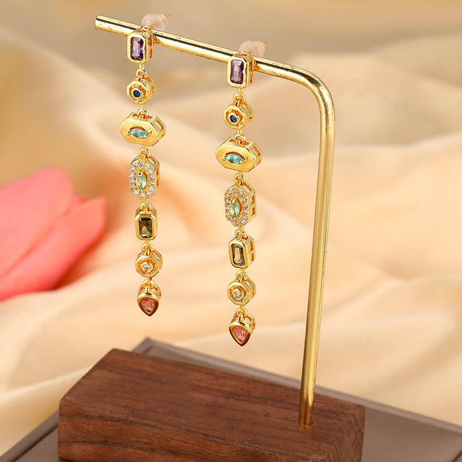 Gold Silver Spectrum Chunky CZ Copper Dangler Earrings Bulk
