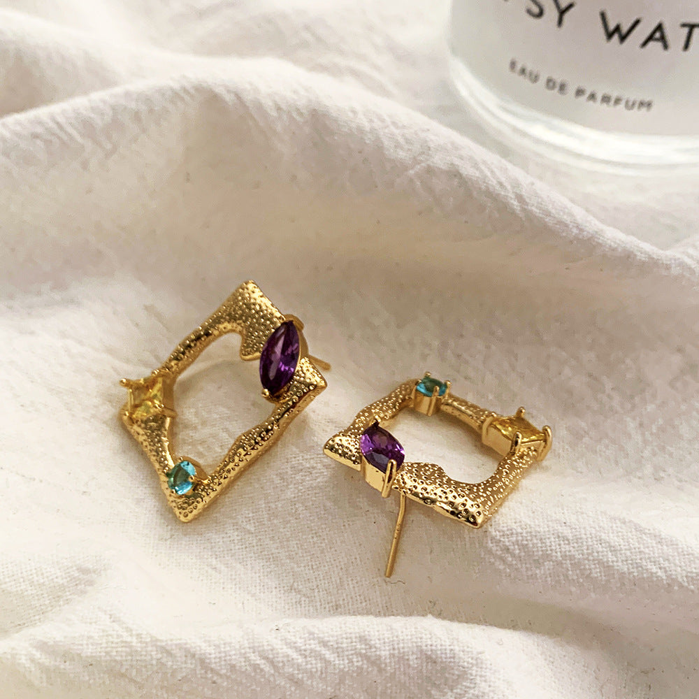 Multi Color Square Shape Gold CZ Stainless Steel Stud Earrings Bulk