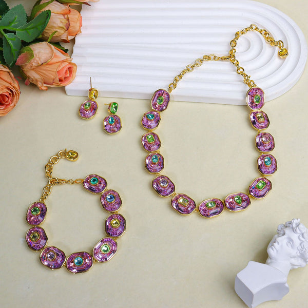 Purple Elegant Oval & Baguette Gold CZ Copper Necklace Combo Set Bulk Main image