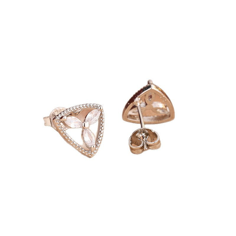 Silver Triangle Floral Cubic Zirconia Copper Stud Earrings For Women Bulk