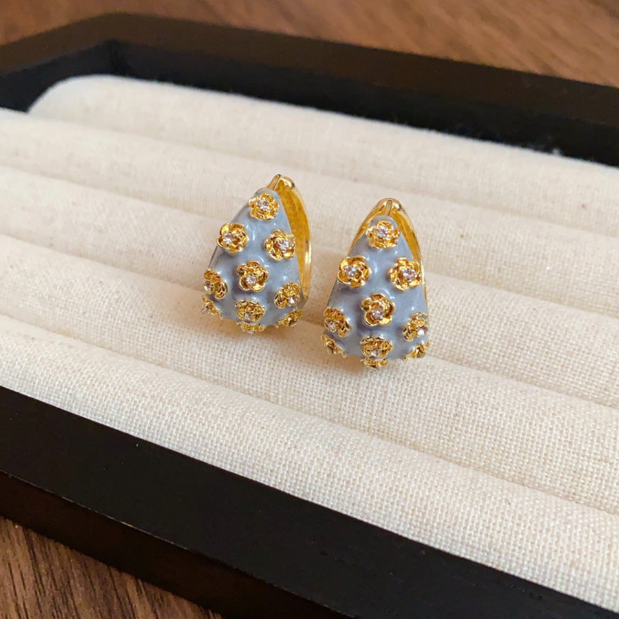Flower White Grey 18K Gold CZ Enamel Hoop Stud Earring Pair Bulk