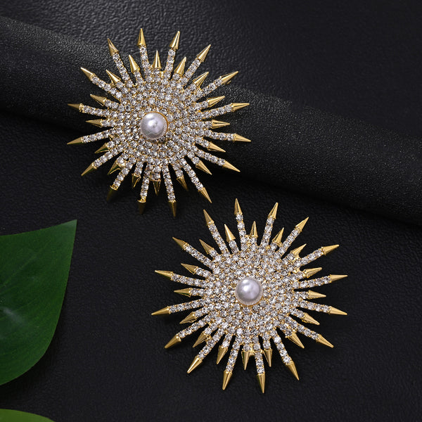 Gold Sunburst Gold CZ Pearl Anti Tarnish Copper Stud Earrings Bulk Main image