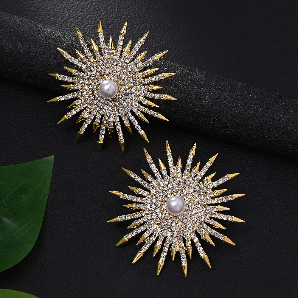 Gold Sunburst Gold CZ Pearl Anti Tarnish Copper Stud Earrings Bulk