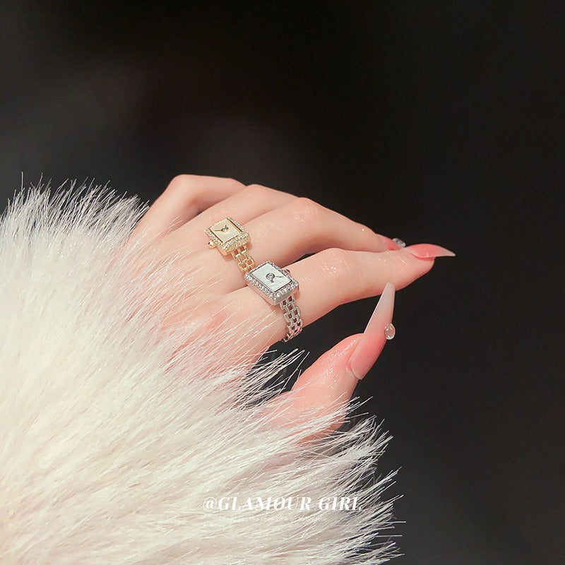 Luxury Rectangular Watch Gold Plated Pearl Fancy Ring For Women Bulk