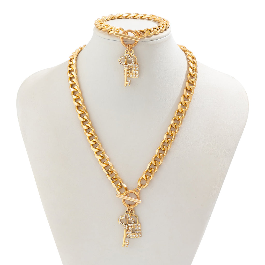 Key Lock Toggle CZ 18K Gold Curb Chain Necklace Bracelet Bulk