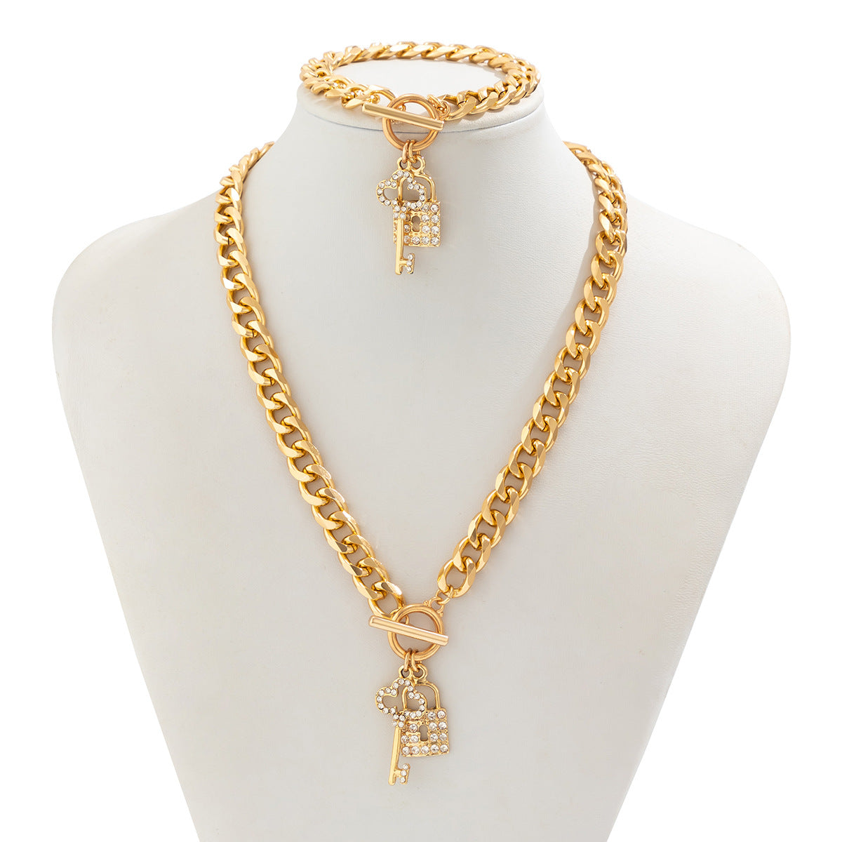 Key Lock Toggle CZ 18K Gold Curb Chain Necklace Bracelet Bulk