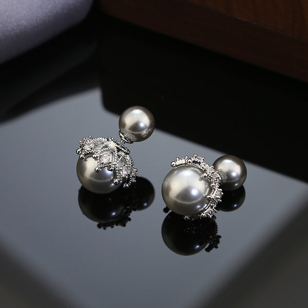 Designer Double Pearl Silver Plated CZ Copper Stud Earrings Bulk Main image