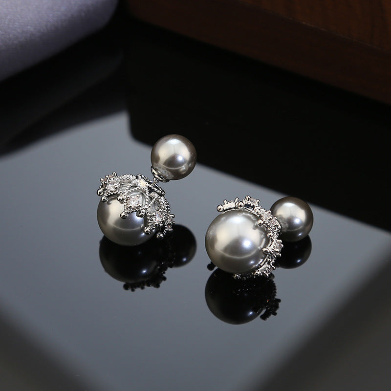 Designer Double Pearl Silver Plated CZ Copper Stud Earrings Bulk