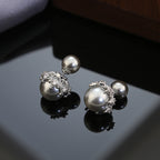 Designer Double Pearl Silver Plated CZ Copper Stud Earrings Bulk