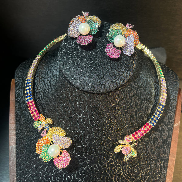 Rainbow Flower 18K Gold Multi Gemstone Pearl Crystal Cubic Zirconia Anti Tarnish Necklace Earring Set For Women Main image