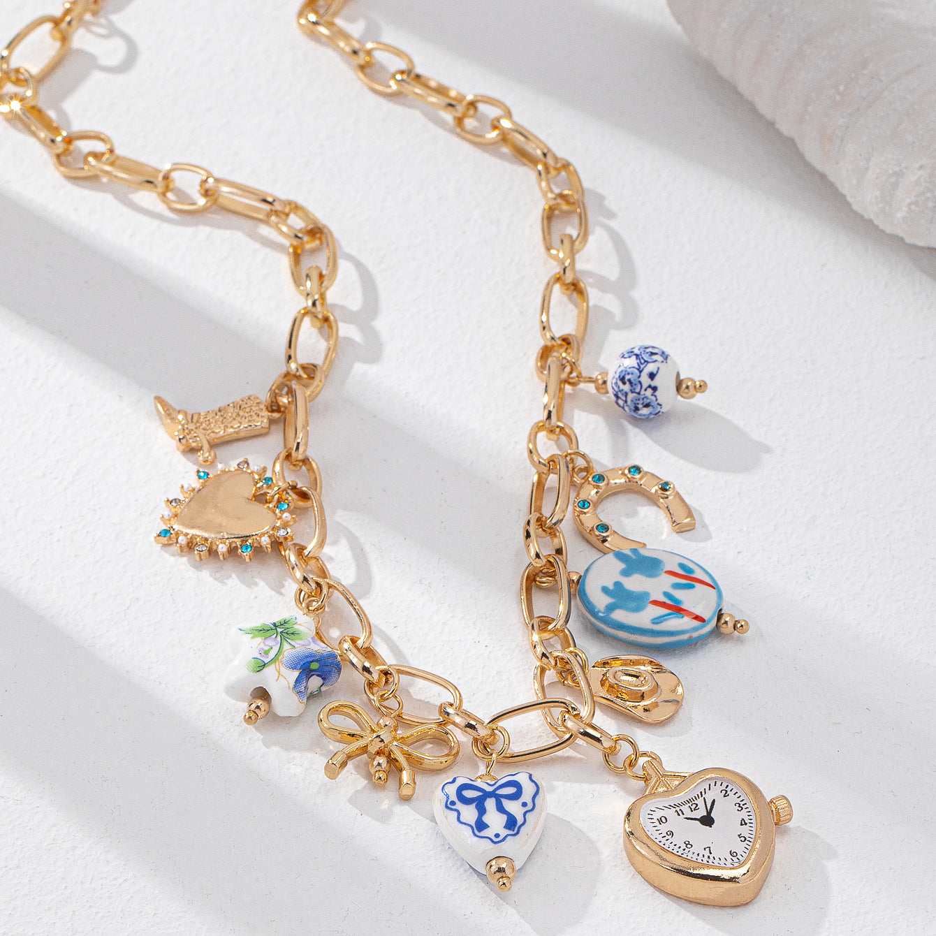 Luxury Vintage Pink & Blue Watch Charm Gold Plated Beads Necklace Bulk