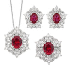Flower Red Gemstone Silver CZ Necklace Earring Ring Set Bulk