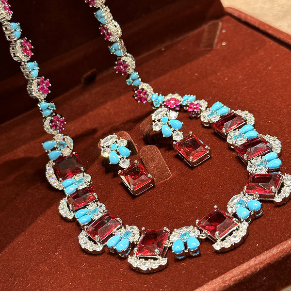 Square CZ Crystal Ruby Red Blue Silver Necklace Earring Set Bulk Main image