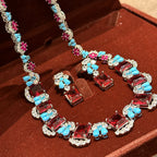 Square CZ Crystal Ruby Red Blue Silver Necklace Earring Set Bulk