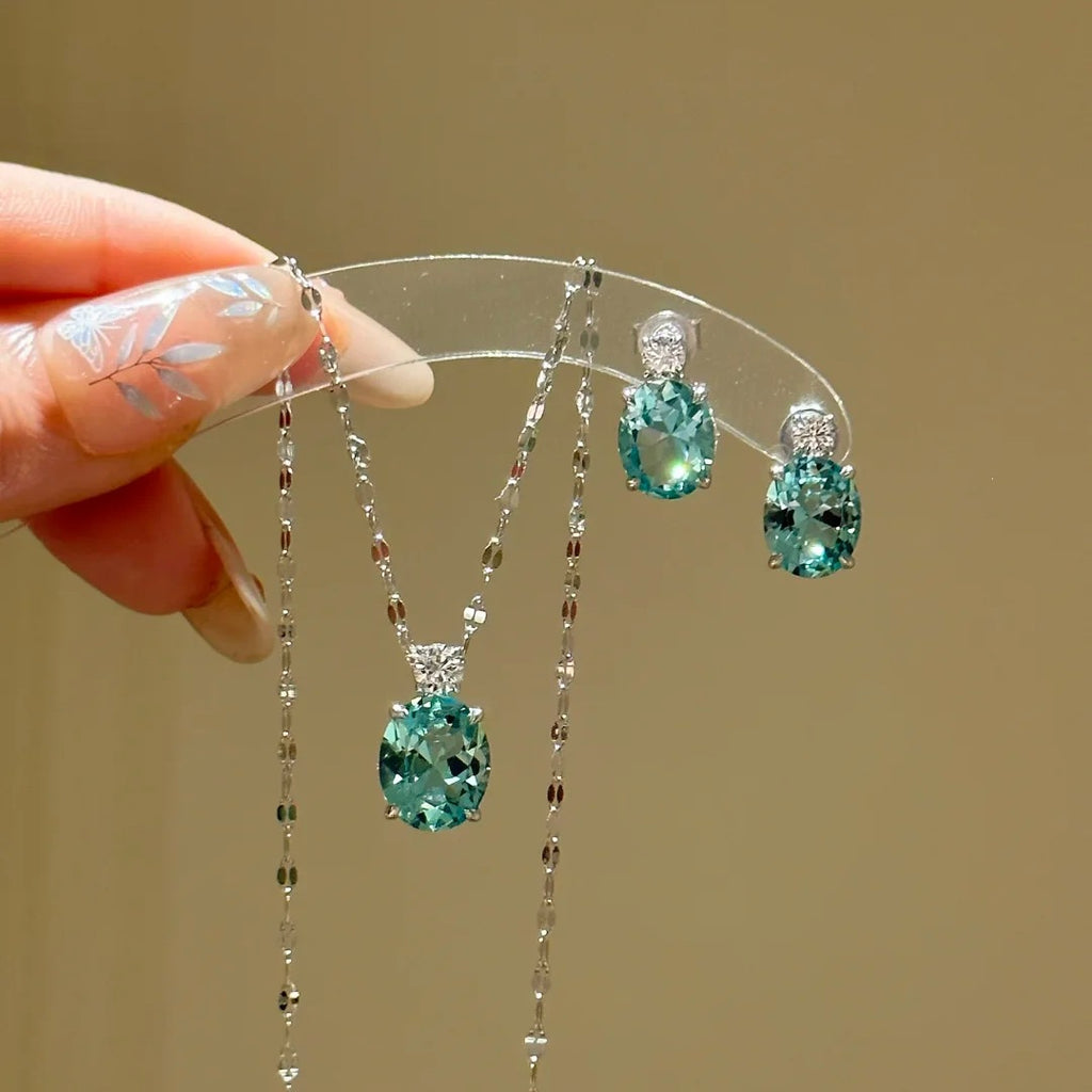 Designer Oval Cut Aquamarine CZ Silver Copper Necklace Earring Set Bulk