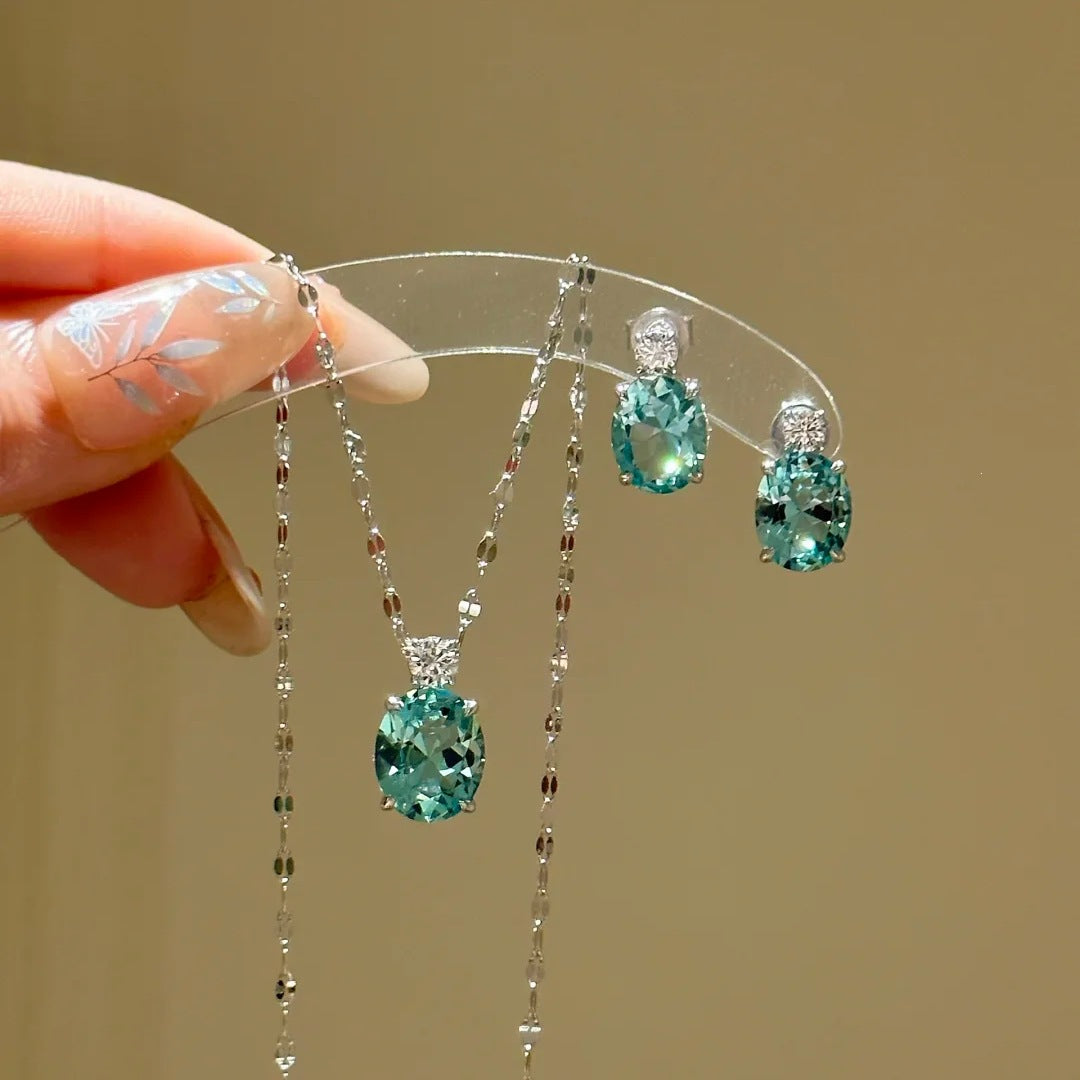 Designer Oval Cut Aquamarine CZ Silver Copper Necklace Earring Set Bulk