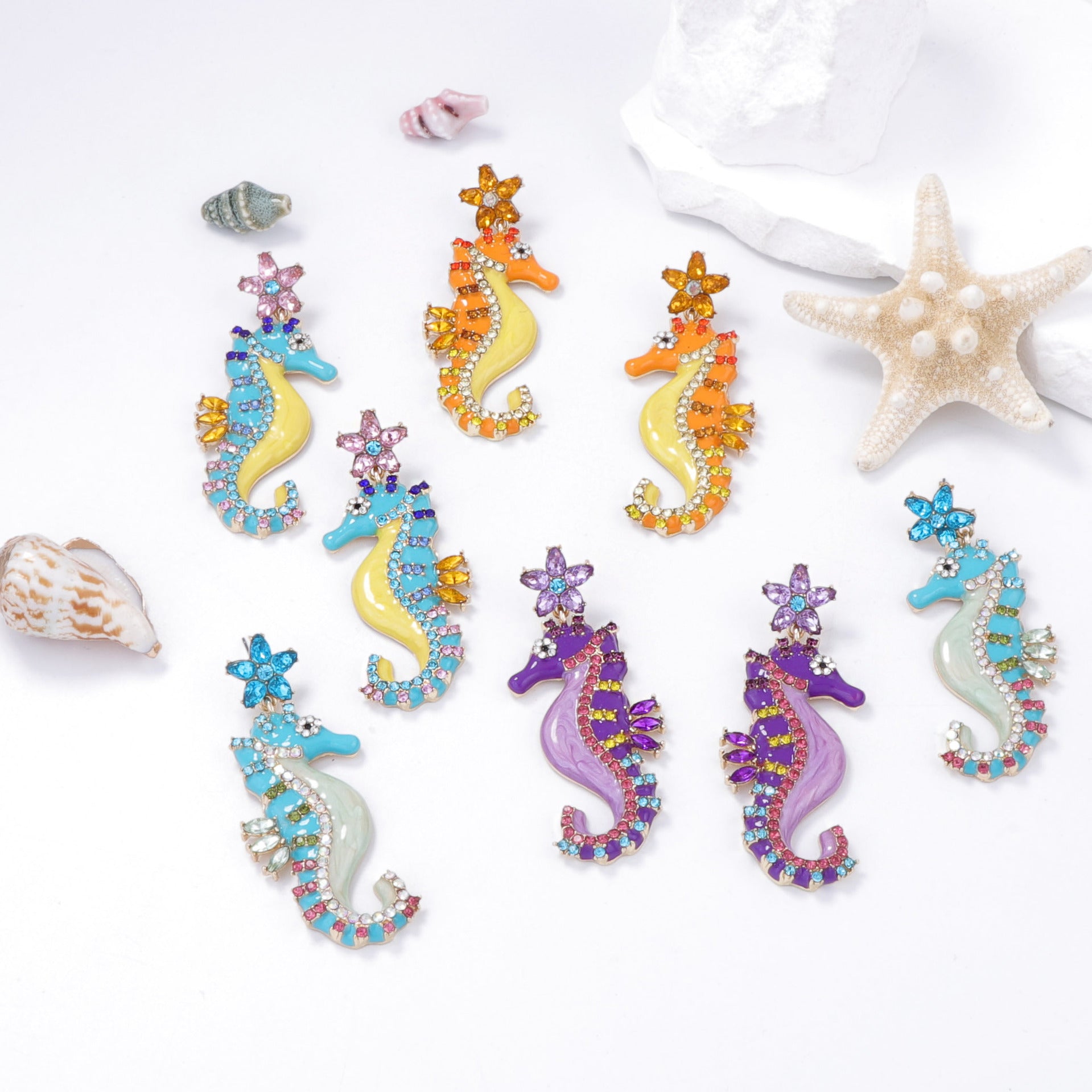 Seahorse Flower Multi CZ Enamel Anti Tarnish Dangler Earring Bulk Main image