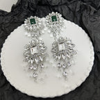 Flower Cubic Zirconia Emerald Green Silver Tassel Dangler Earring Bulk
