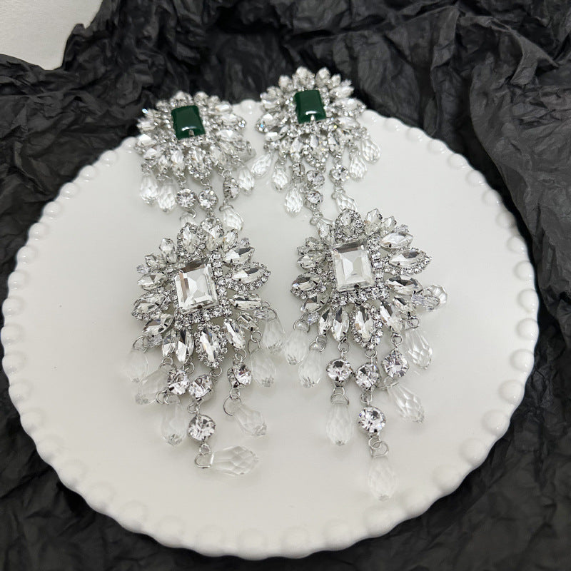 Flower Cubic Zirconia Emerald Green Silver Tassel Dangler Earring Bulk