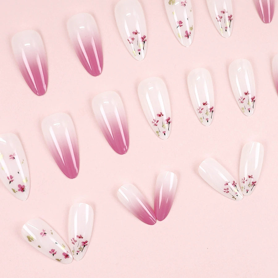 Luxury Pink Floral Gradient Almond Press-On Nails Pack Of 10 Bulk
