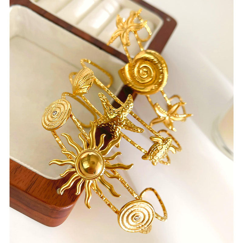Starfish Conch Sun 18K Gold Stainless Steel Anti Tarnish Bracelet Cuff For Women