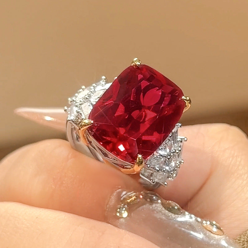 Rectangle Red Corundum Cubic Zirconia Silver Adjustable Ring Bulk