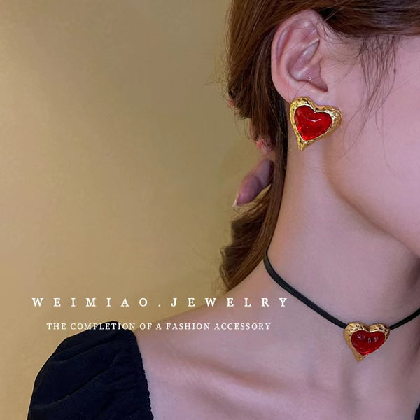 Heart Crystal 18K Gold Red Green Anti Tarnish Stud Earring Women Bulk Secondary image