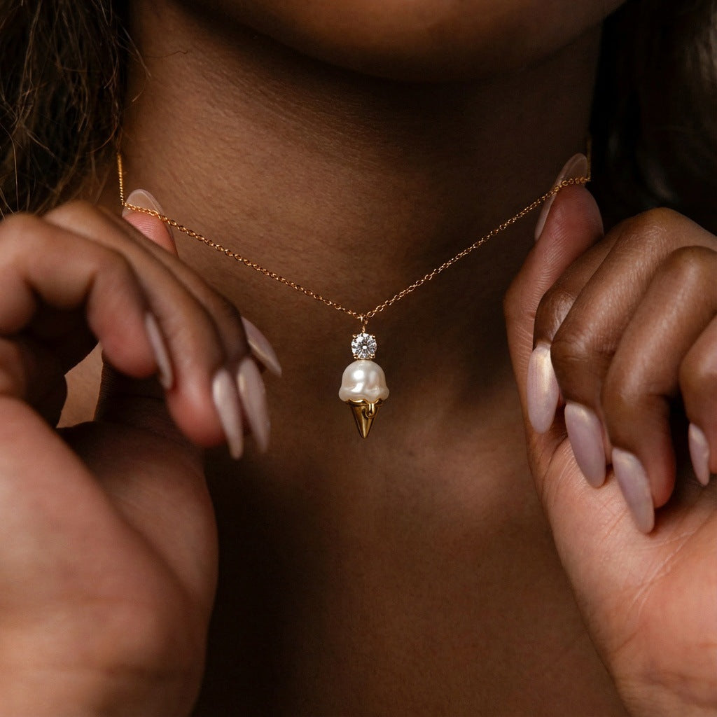 Trendy Ice Cream Charm Gold CZ Pearl Anti Tarnish Copper Necklace Bulk Secondary image