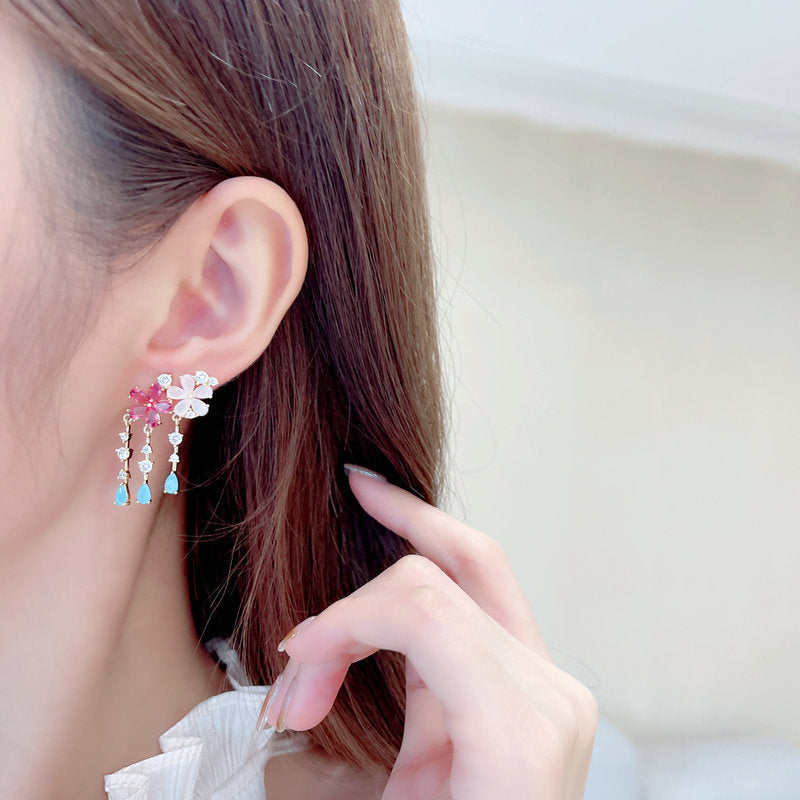 Floral Flower 18k Gold Plated Pink Red Crystals Cubic Zirconia Anti Tarnish Dangler Earrings For Women