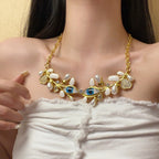 Evil Eye Leaf 18K Gold CZ Enamel Pearl Necklace Earring Set Bulk
