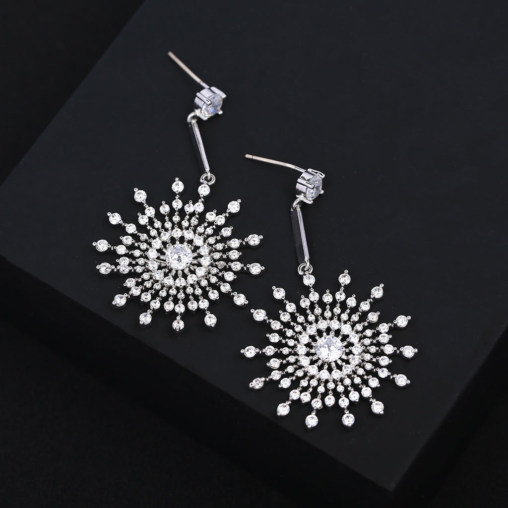 Luxury Snowflake Silver Plated CZ Anti Tarnish Copper Drop Earrings Bulk