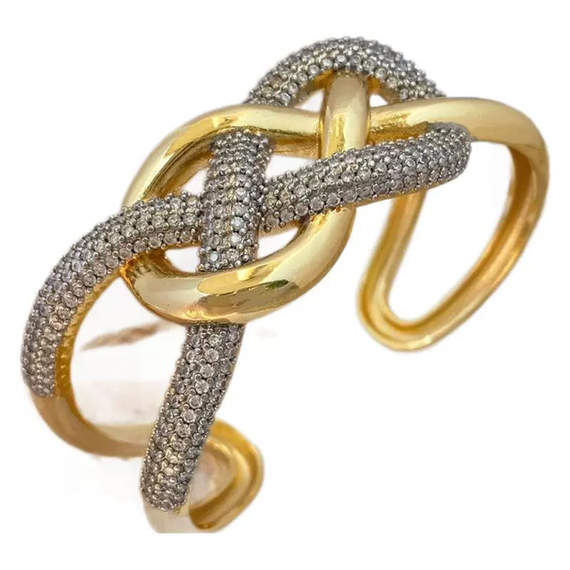 Cross Over Layer 18K Gold CZ Anti Tarnish Openable Cuff Bracelet Bulk