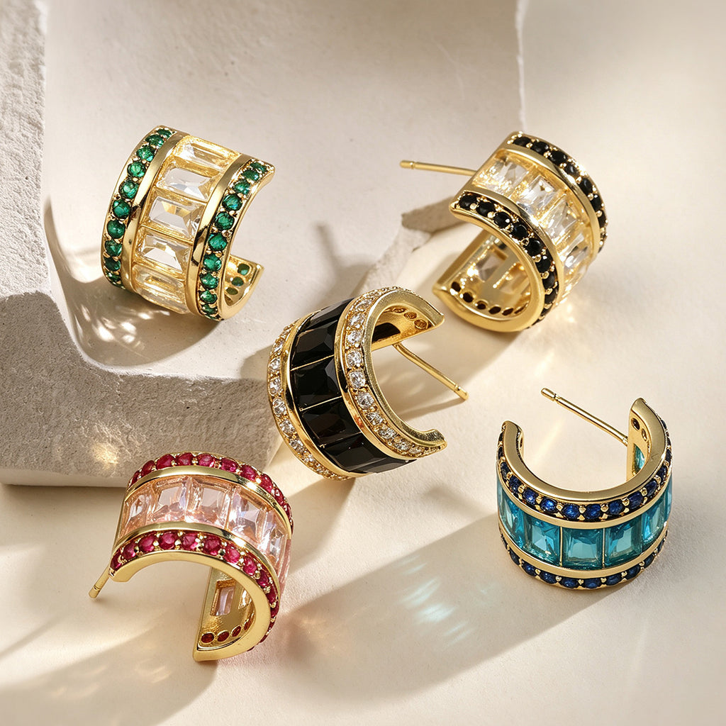 Designer Chunky Huggie Hoop Gold Plated CZ Crystal Copper Earrings Bulk
