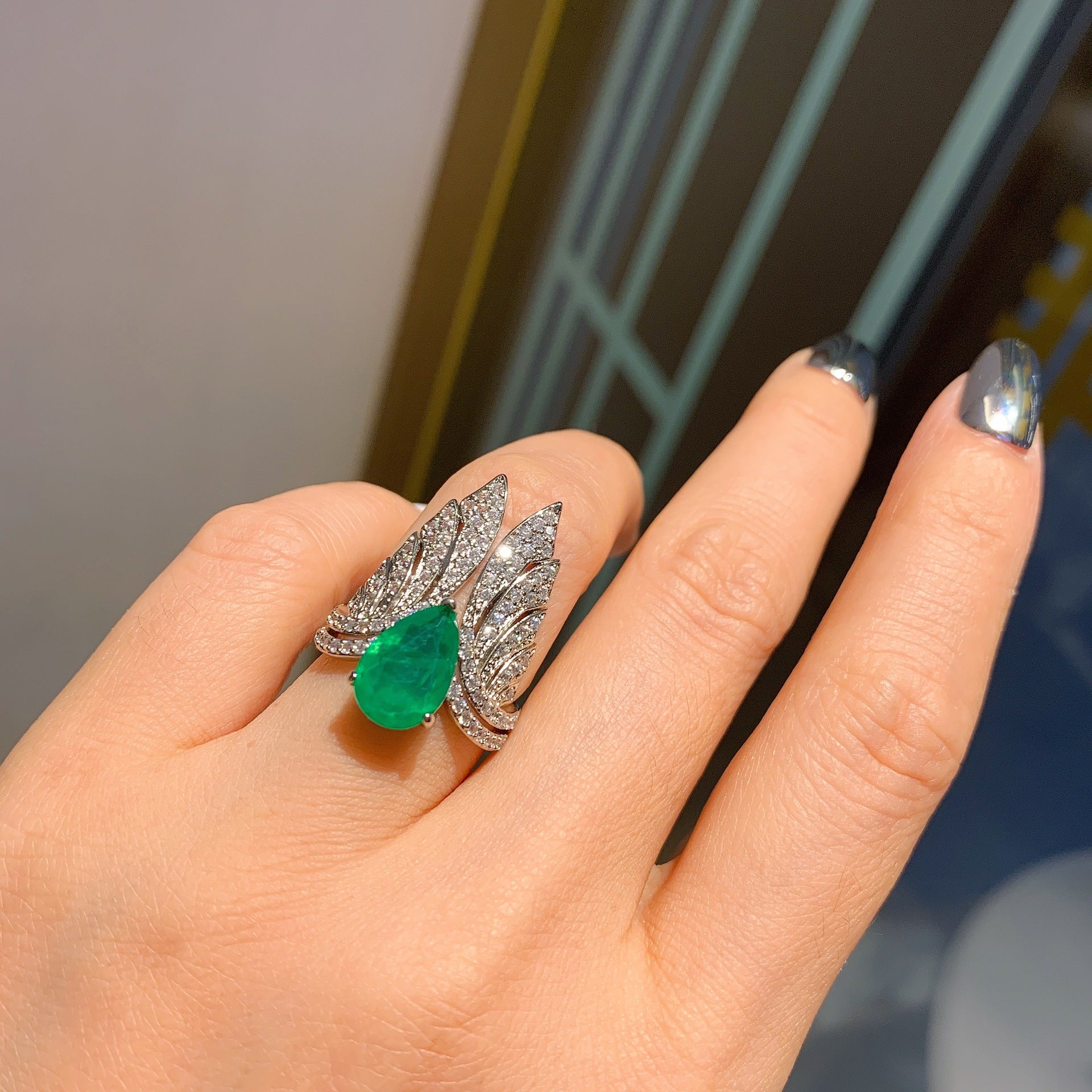 Feather Green Silver Anti Tarnish Free Size Ring For Women Bulk