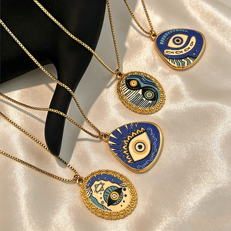 Evil Eye Gold Plated Blue & White Enamel Stainless Steel Necklace Bulk