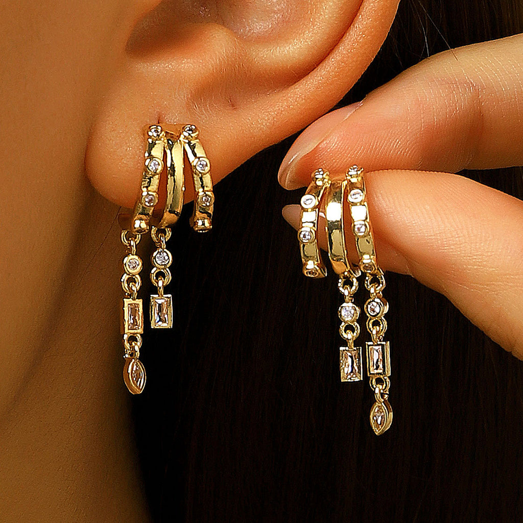 Designer Gold Plated CZ Copper Multi Layer Huggie Drop Earrings Bulk