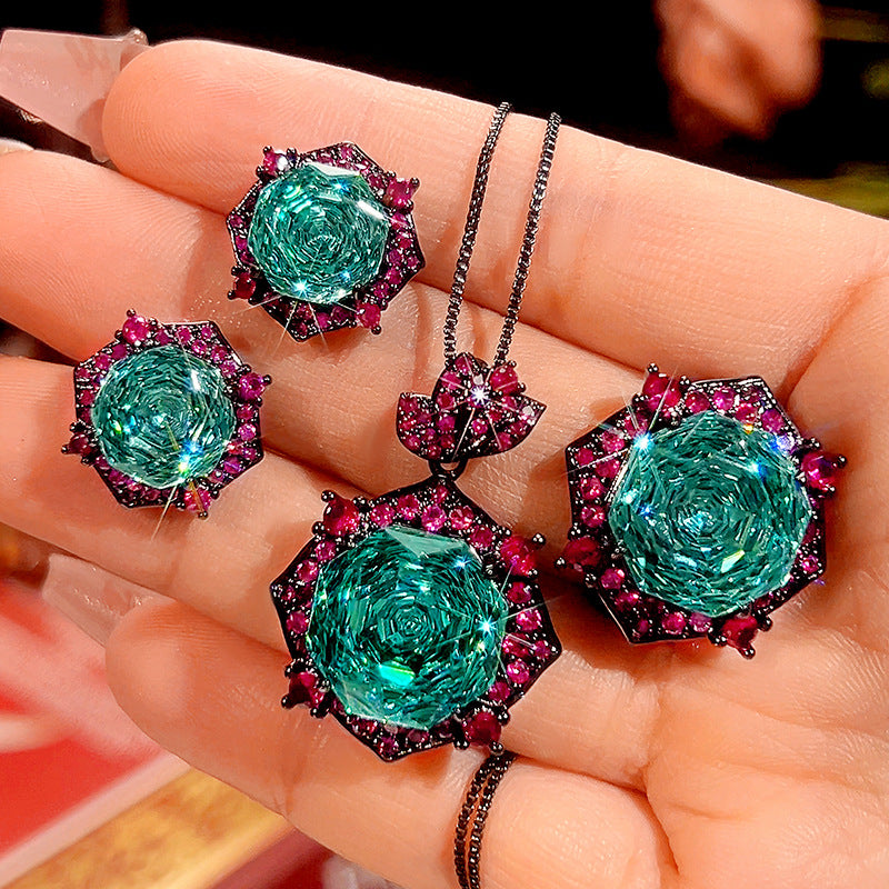 Rose Crystal Green Pink Black Pendant Earring Ring Set For Women Bulk Main image