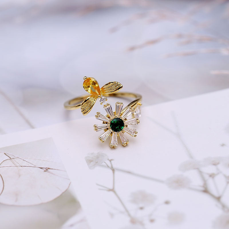 Bulk White Flower Honeybee Gold Plated CZ Copper Adjustable Fancy Ring