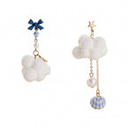 Cloud Star Bow Silver White Blue Anti Tarnish Dangler Tassel Earring For Women