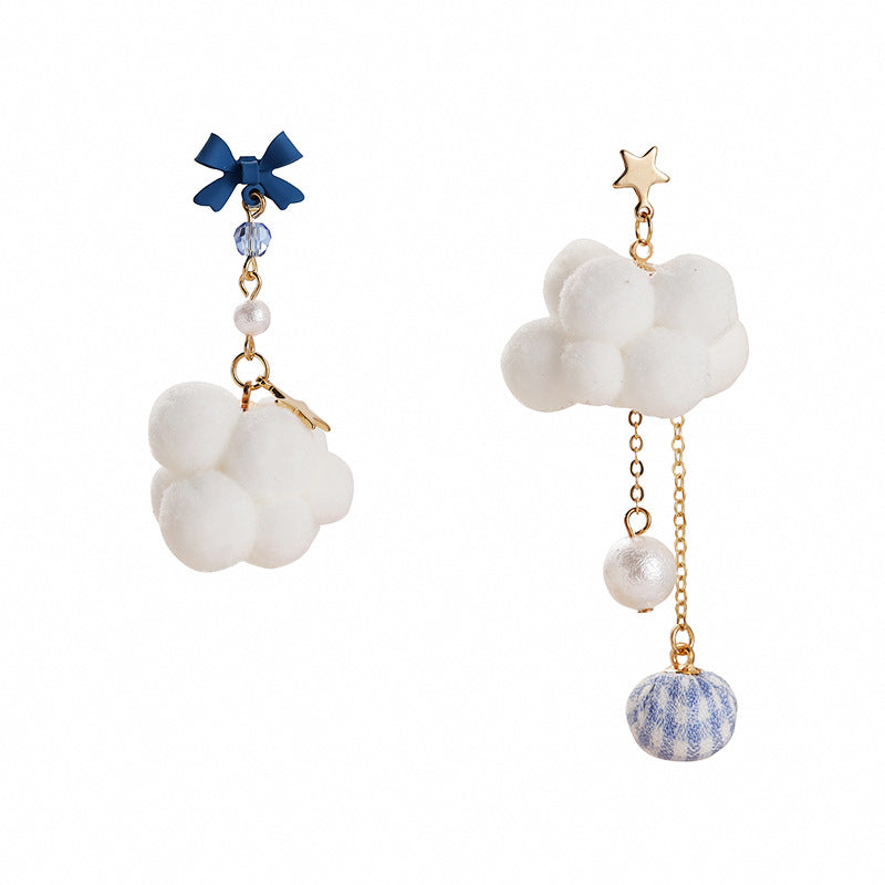 Cloud Star Bow Silver White Blue Anti Tarnish Dangler Tassel Earring For Women