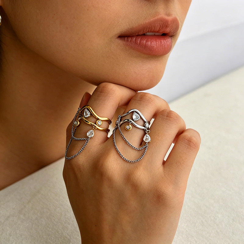 Dual Tone Gold Silver CZ Crystal Chain Stainless Steel Cocktail Ring Bulk