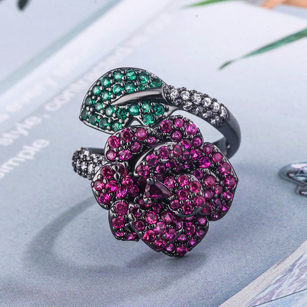Flower Simulation Red Green Black Anti Tarnish Adjustable Ring Bulk Main image