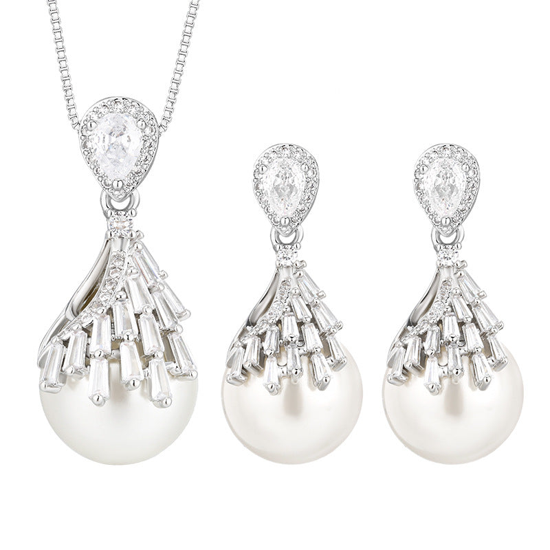 Drop White Silver Pearl Cubic Zirconia Necklace Earring Set Women Bulk