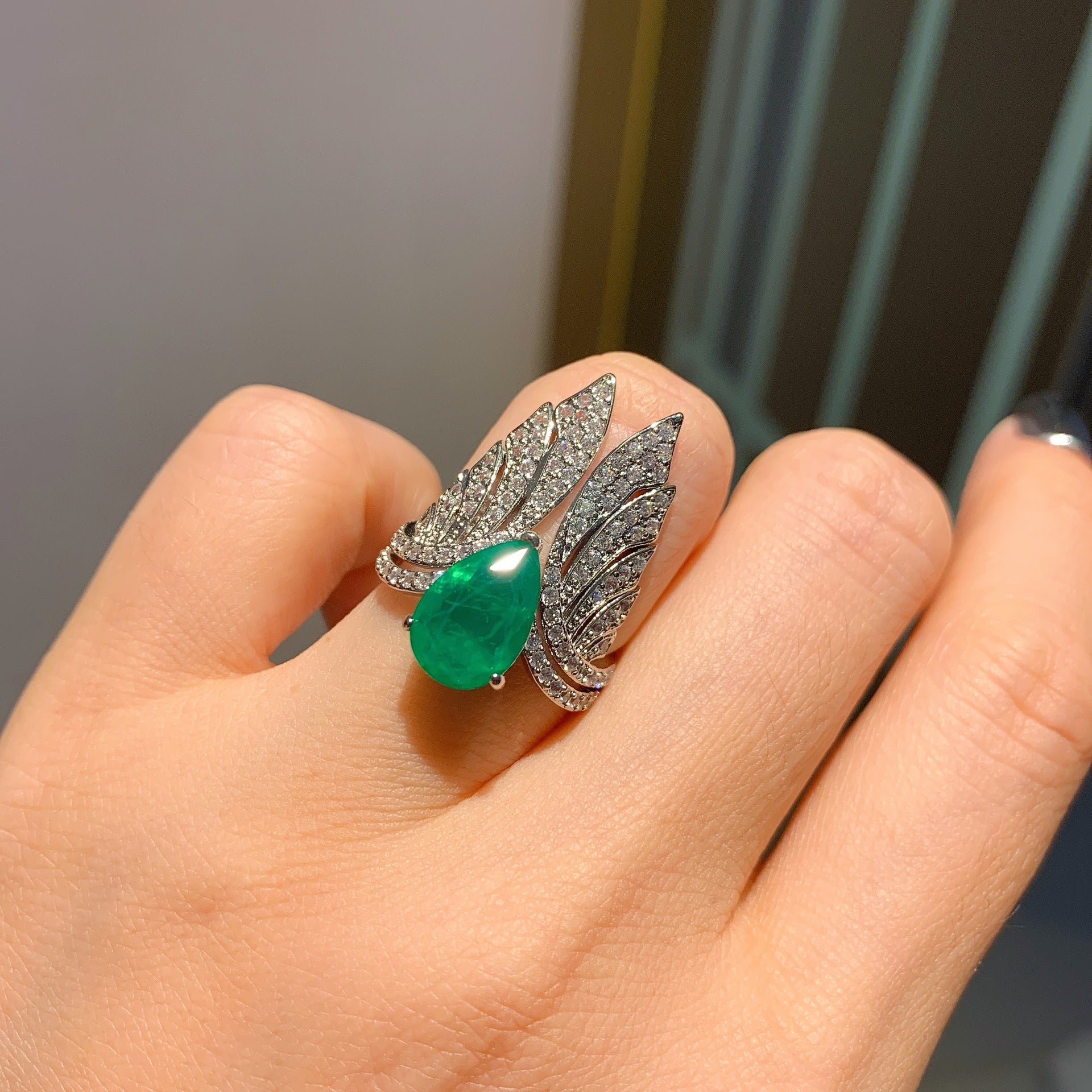 Feather Green Silver Anti Tarnish Free Size Ring For Women Bulk Secondary image