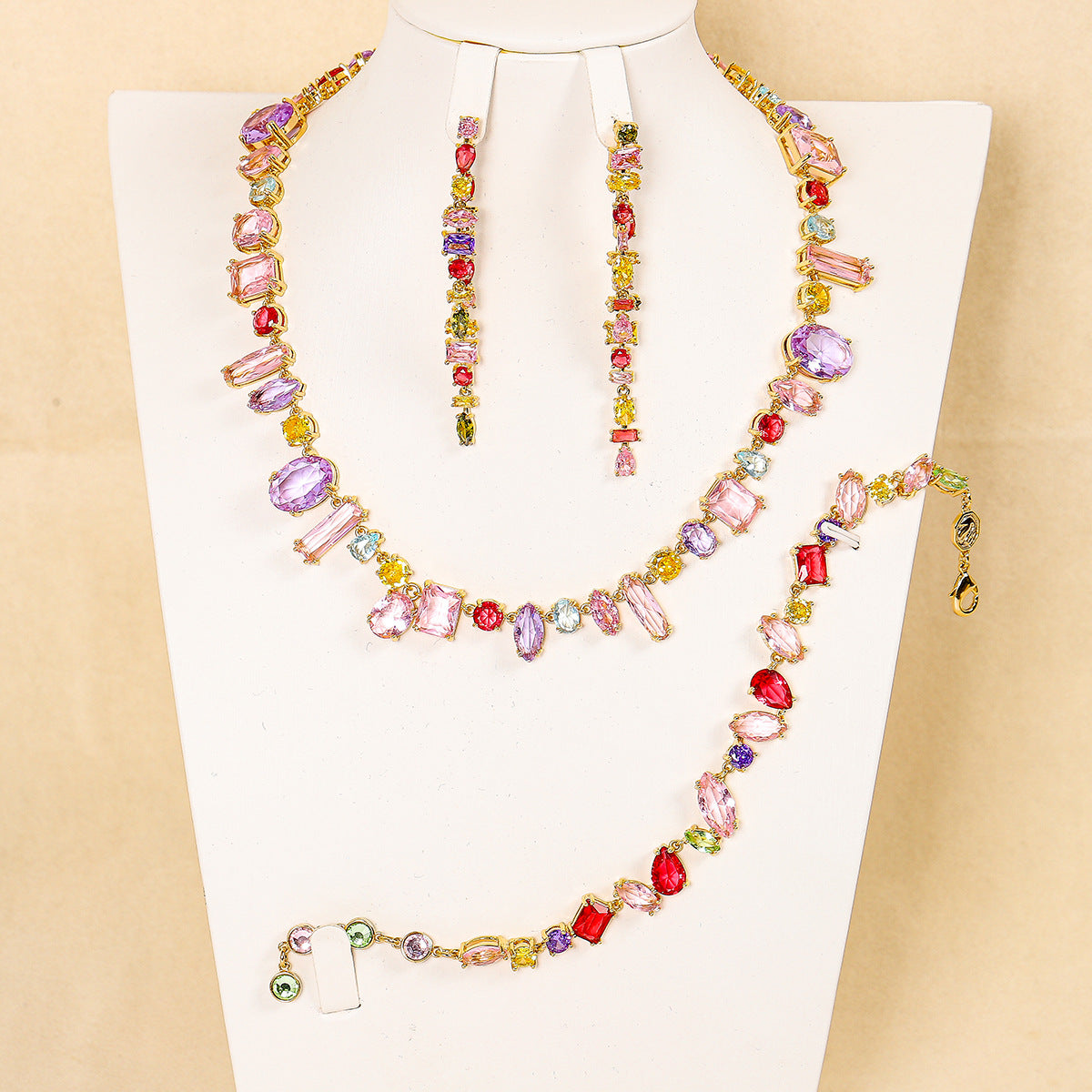 Multi Color Gemstone Gold CZ Anti Tarnish Copper Necklace Combo Set Bulk Secondary image