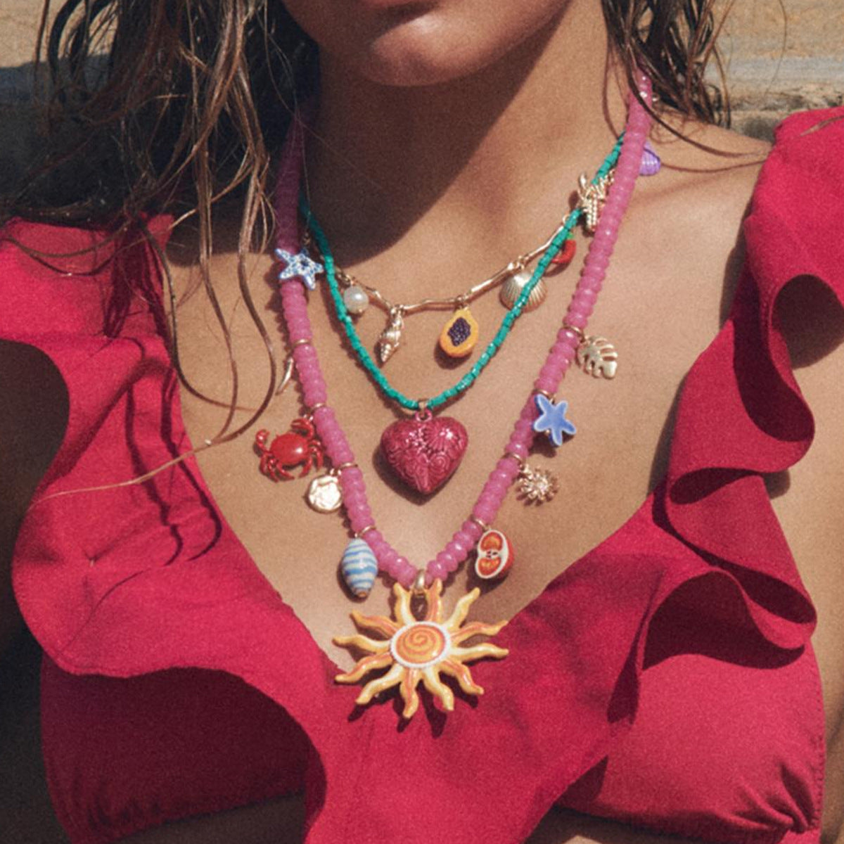 Ocean Sea Face Animal Colorful Beads Multi Layered Necklace Women Bulk