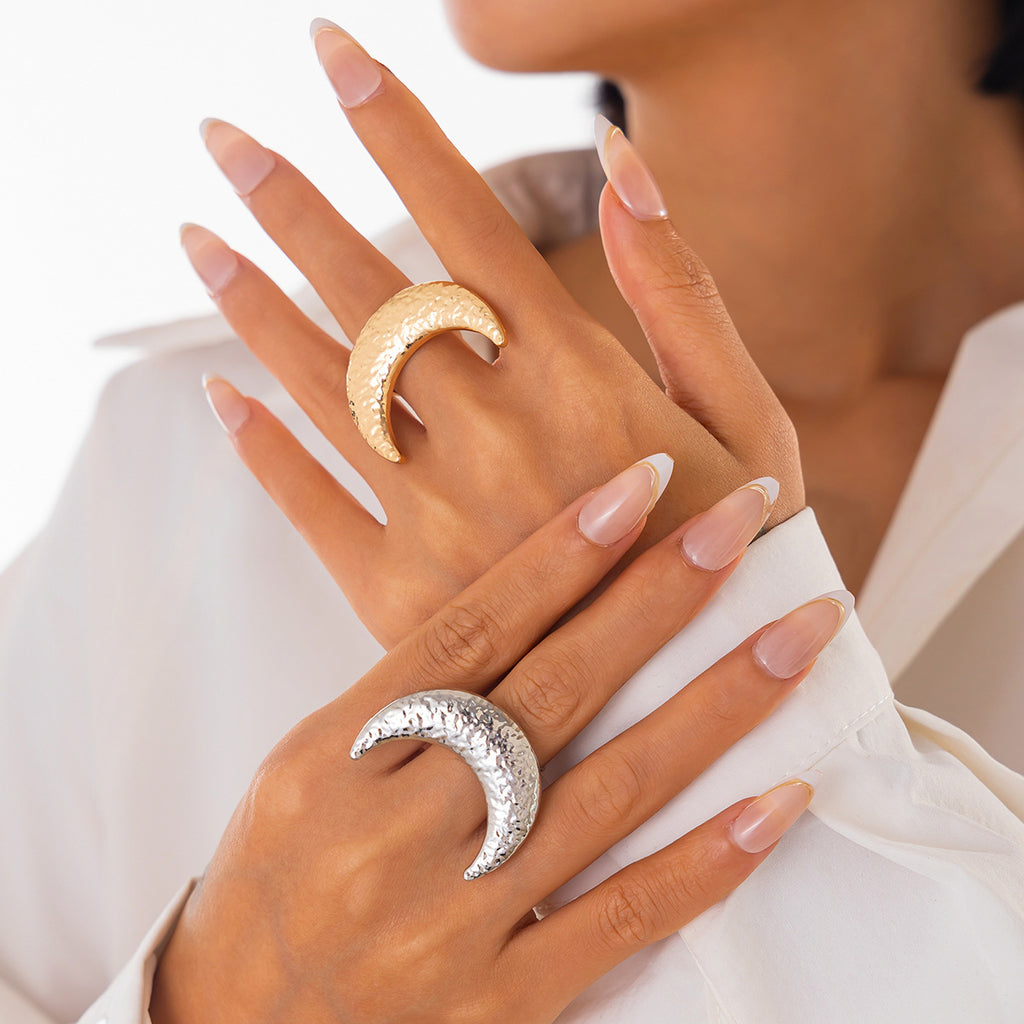 Beaten Finish Crescent Moon 18K Gold Free Size Ring For Women Bulk