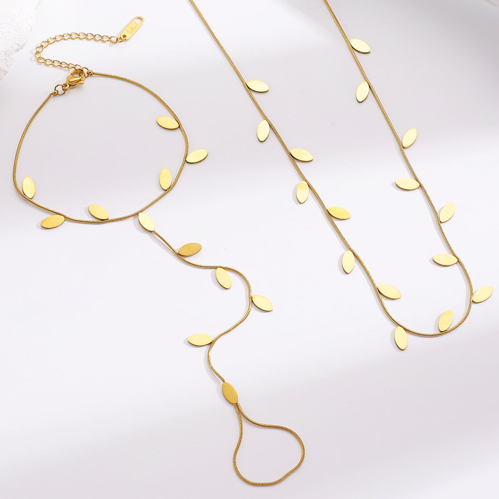 Leaf Charm Hand Chain Ring Gold Stainless Steel Necklace Combo Set Bulk