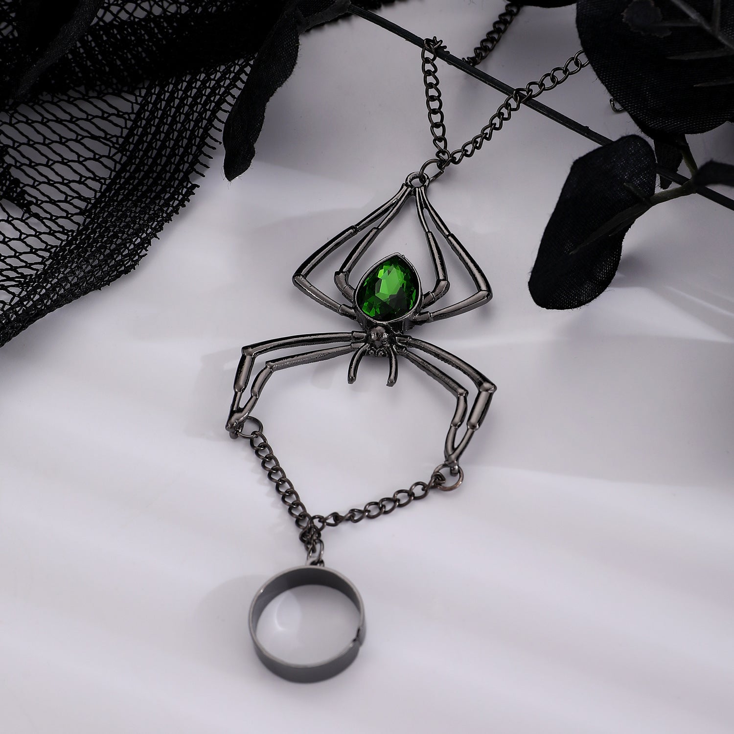 Wholesale Green Black Spider Black Rhinestone Ring-Bracelet For Women