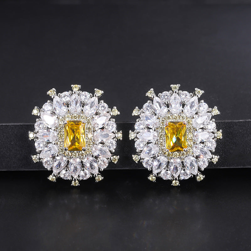Flower Rectangle Yellow Gemstone Silver Cubic Zirconia Necklace Earring Ring Set For Women